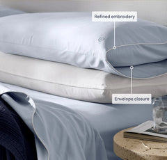Percale Embellished Pillowcase Set - Hydrangea/White Piped Edge
